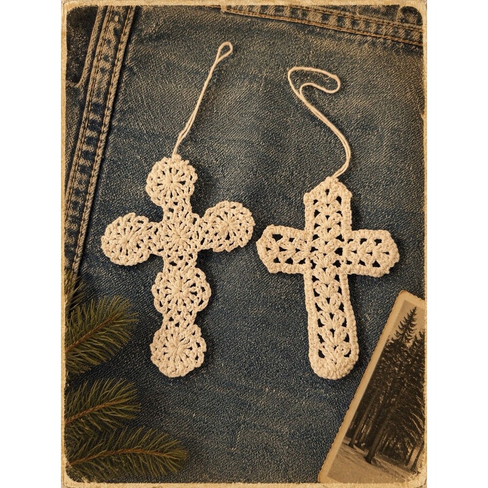 Vintage 1970s Handmade Crocheted Cross Ornaments White Cotton Lace Set of 2